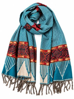 Yak wol sjaal petrol en rood met geometrisch patroon
