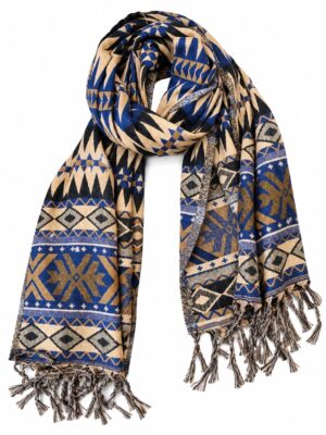Yak wol sjaal blauw en beige met geometrisch patroon