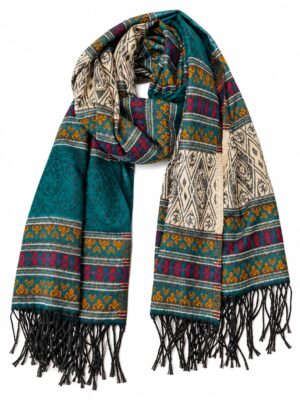 Yak wol sjaal petrol en beige met sierpatroon