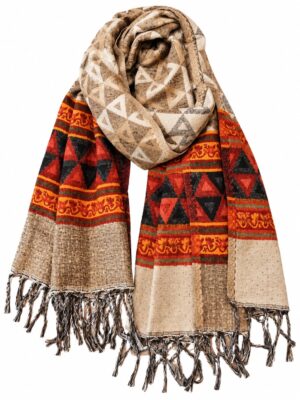 Yak wol sjaal beige en oranje met driehoekpatroon