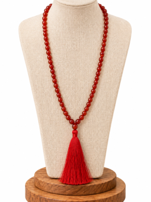 Carneool Mala Gebedsketting – Meditatie Mala met Rode Kralen & Kwast