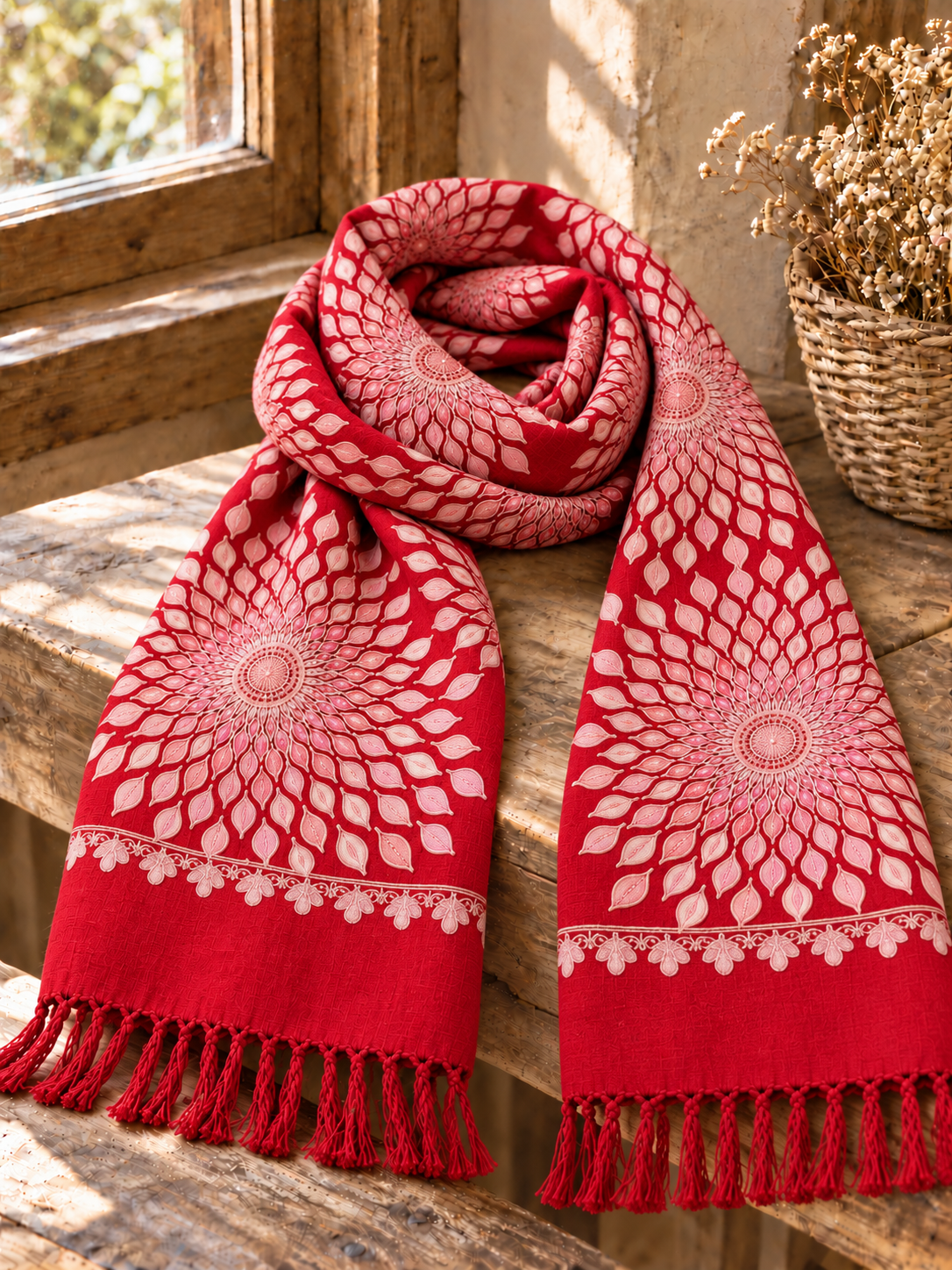 Elegante Rode Sjaal met Bloemenmandala- en Bladmotief - Afbeelding 2