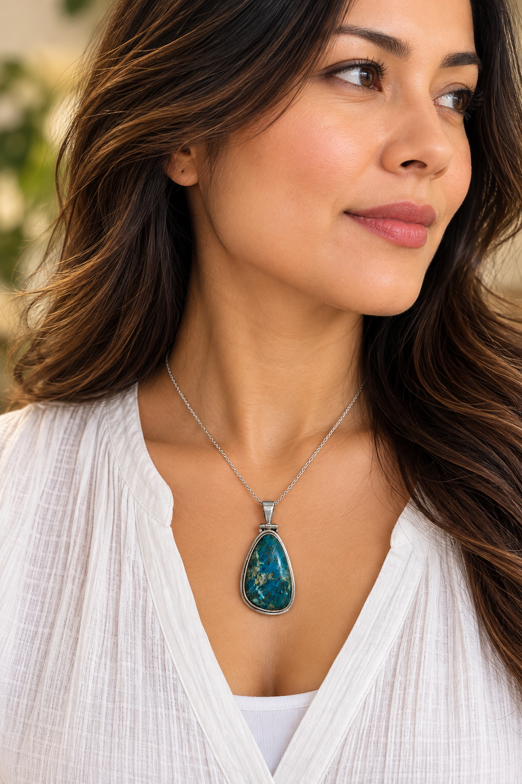 Zilveren hanger met chrysocolla – uniek cadeau met blauwgroene edelsteen - Afbeelding 3