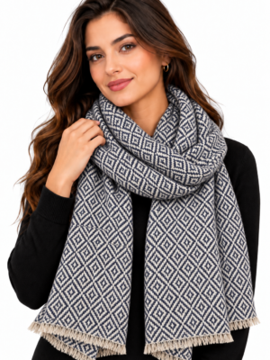 Cashmere sjaal donkerblauw met crèmekleurig ruitpatroon