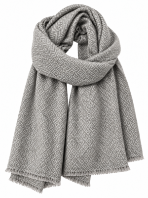 Cashmere Lichtgrijs sjaal met subtiel ruitpatroon en fijne franjes