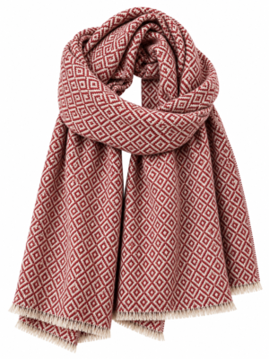 Cashmere sjaal met rode kleur met cremekleurig ruitpatroon