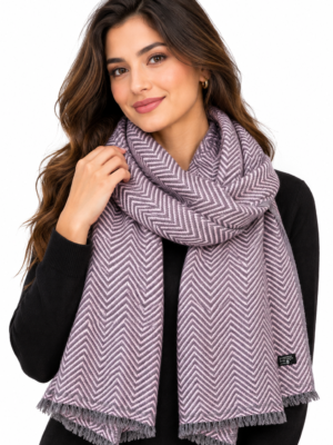 Cashmere sjaal met grijs en zachteroze met zigzagpatroon